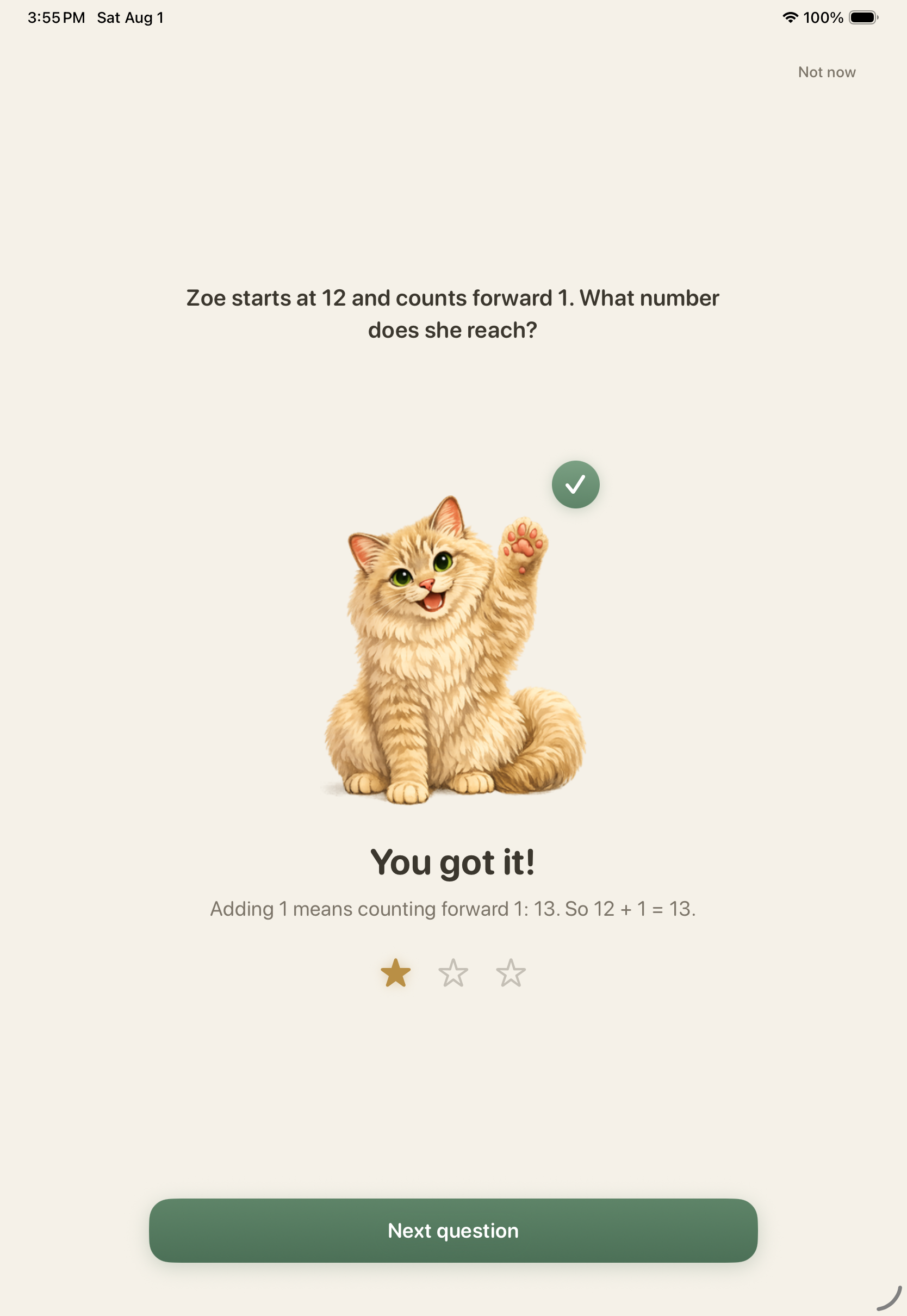 Umka feedback screen confirming a correct math answer