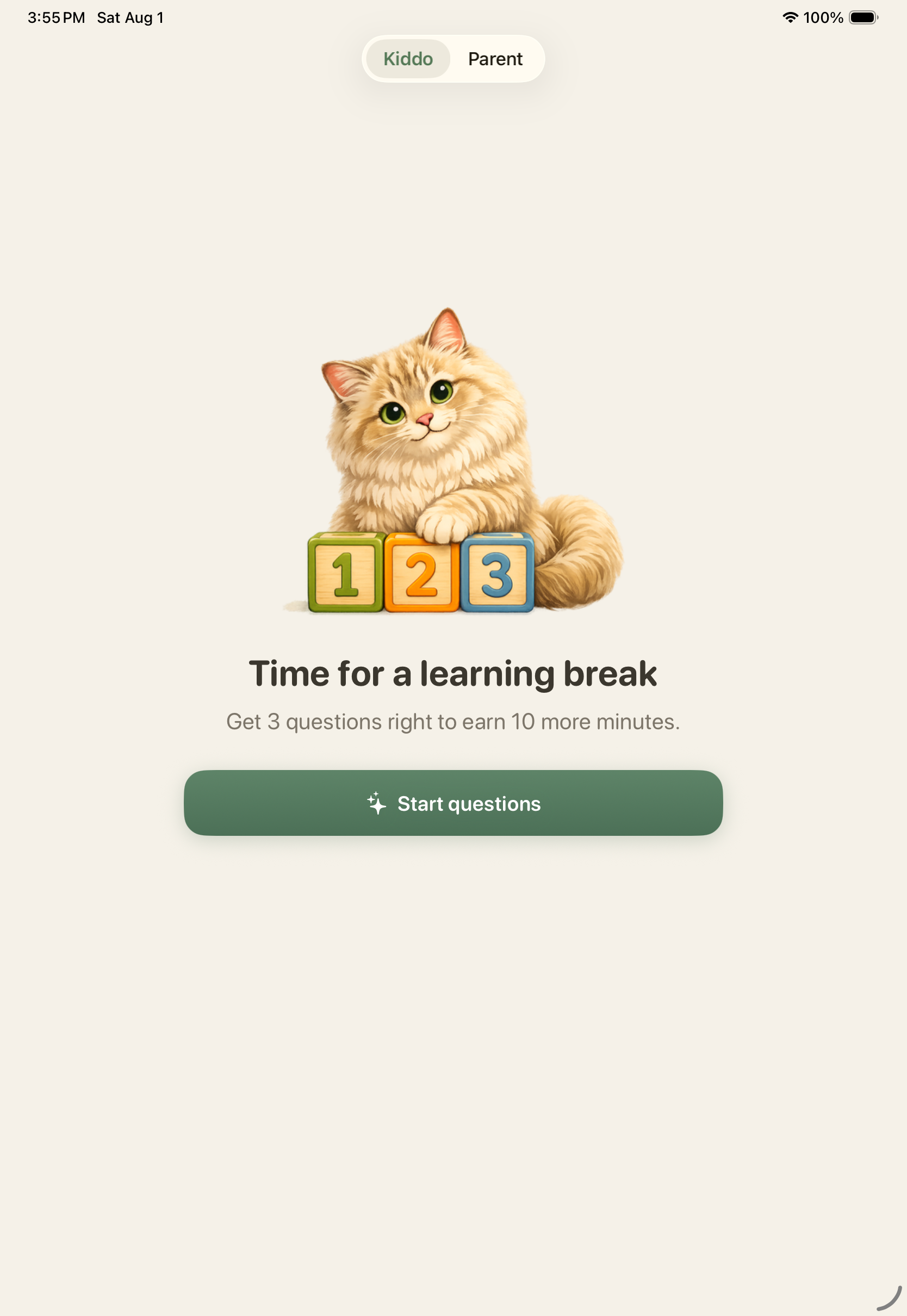 Umka learning break screen showing a friendly cat and the option to start three questions