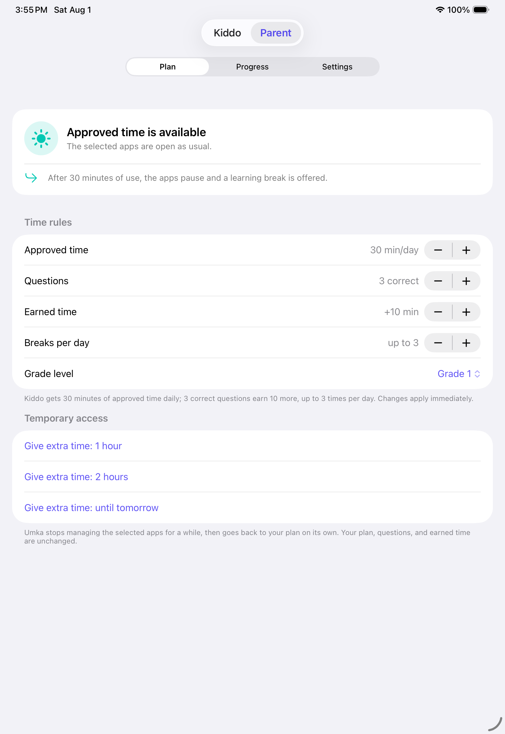Parent plan screen with controls for approved time, questions, earned time, breaks, and grade